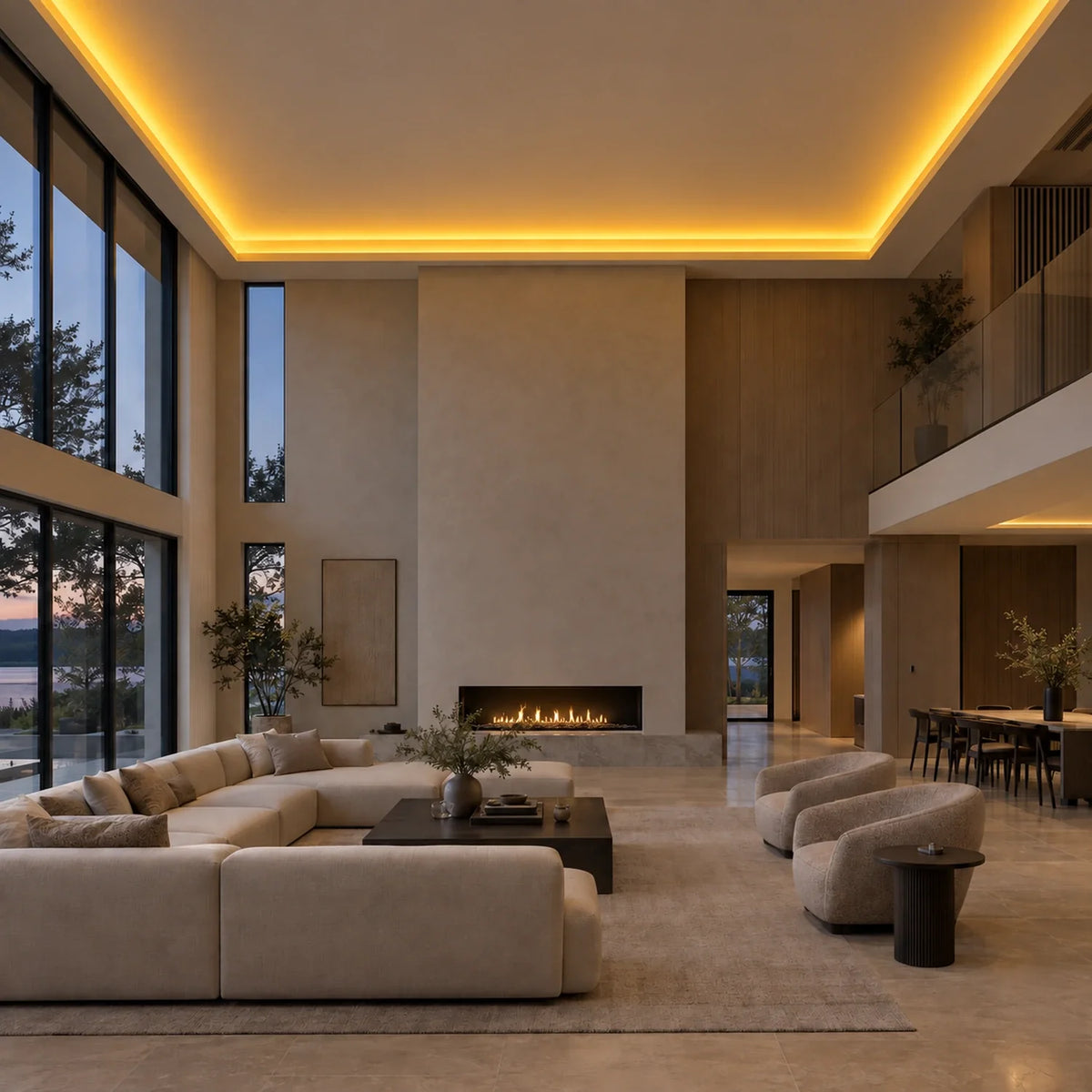 Illustrative UK LED Lights golden 8×16mm neon flex installed in large-room ceiling coving