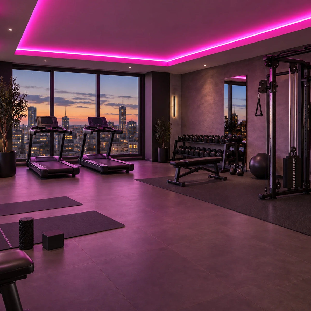 Illustrative UK LED Lights pink 8×16mm neon flex installed in gym ceiling coving