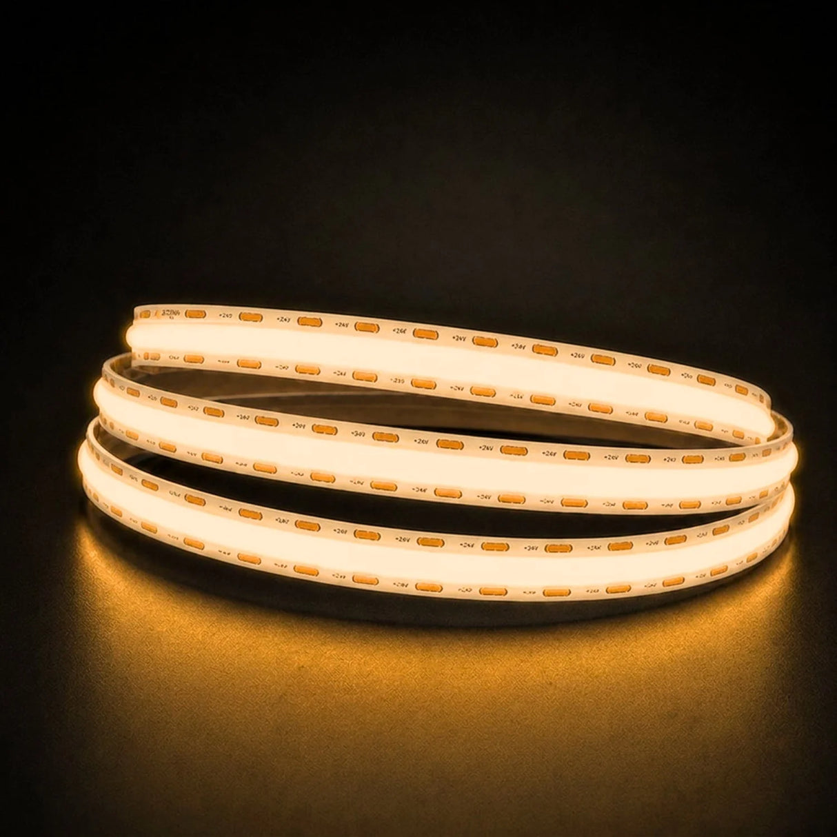 Warm White 2700K COB LED strip coil illuminated on a dark background, 24V DC and 10mm wide.