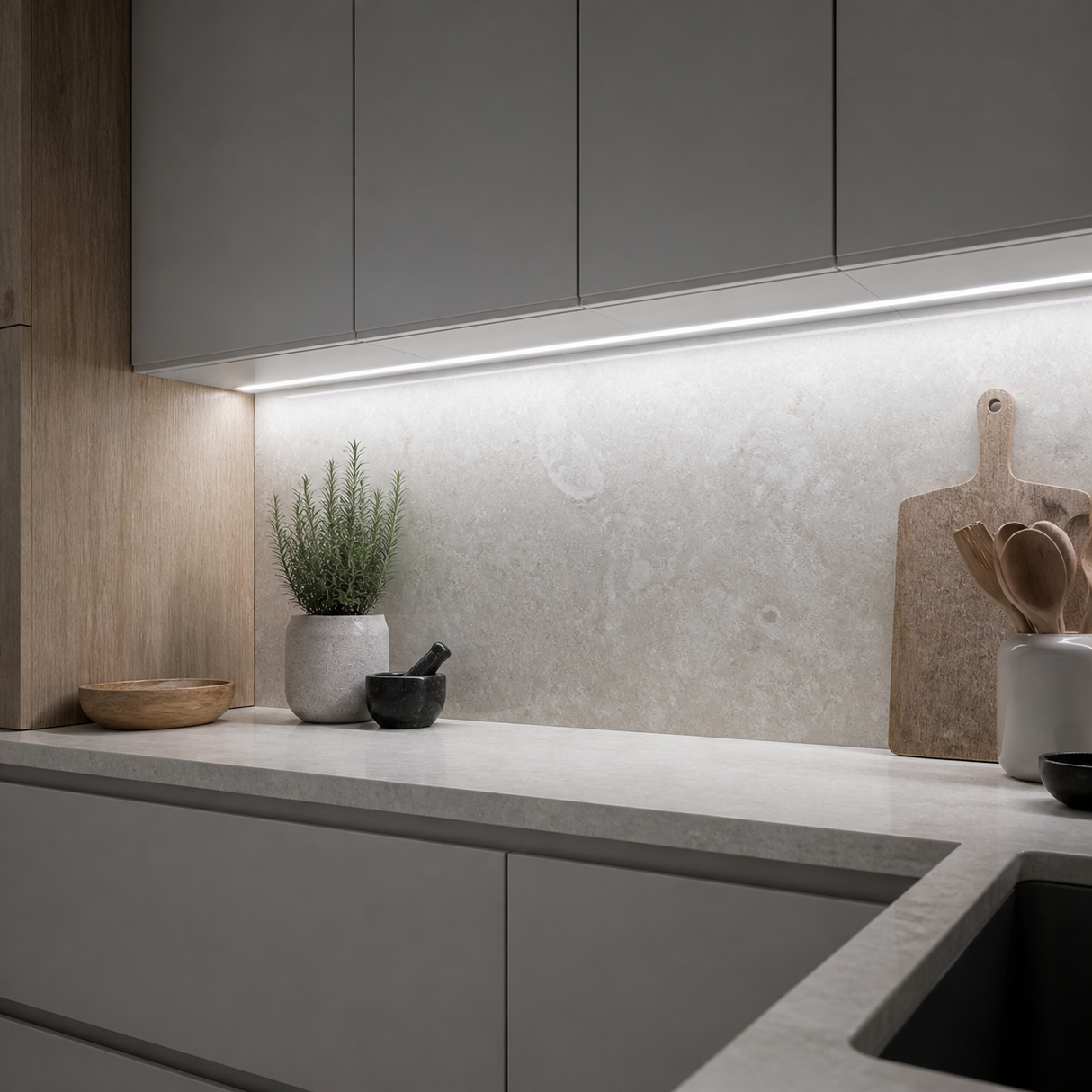 Daylight 5000K COB LED strip installed beneath contemporary kitchen cabinets