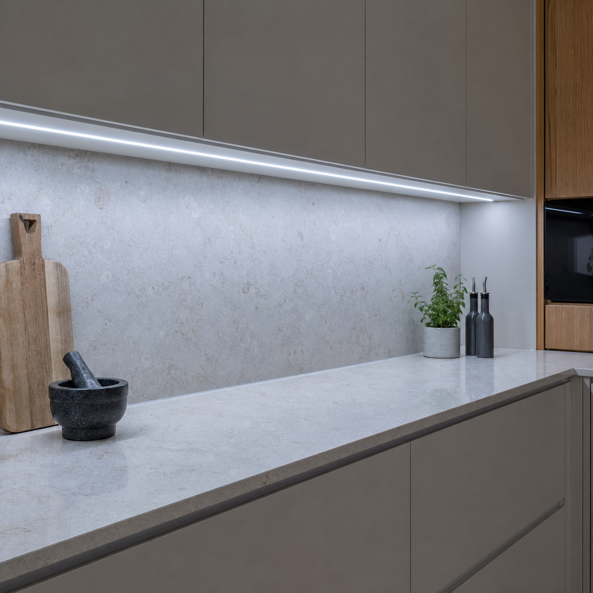 Cool White 6500K COB LED strip installed beneath contemporary kitchen cabinets