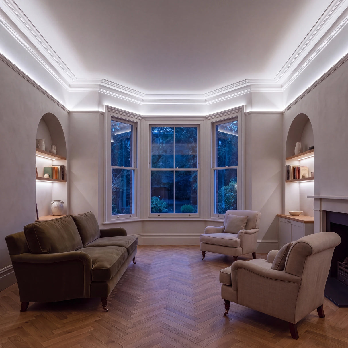Daylight 5000K COB LED strip ceiling coving lighting in a large British living room in the evening; installation illustration.
