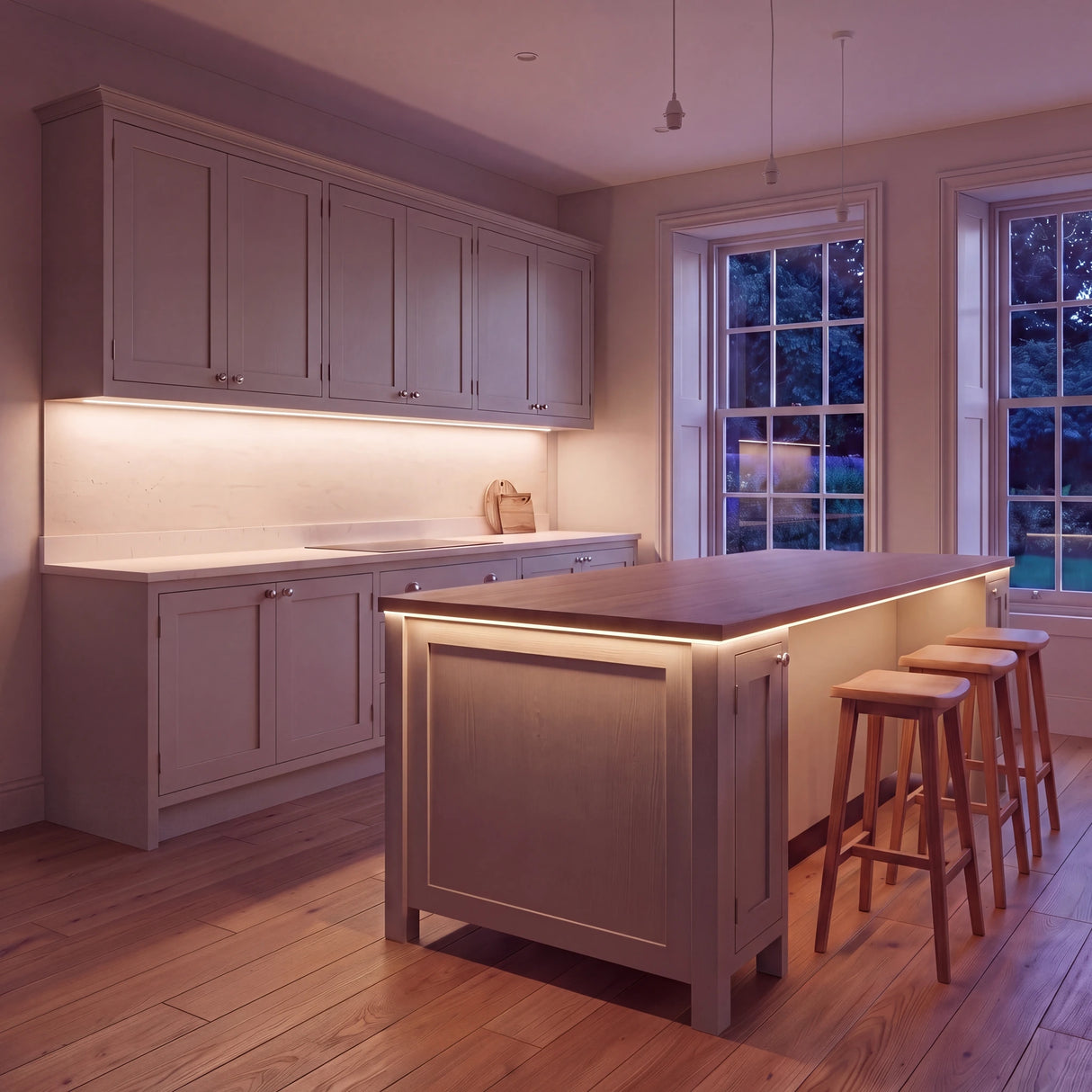 Warm White 3000K COB LED strip kitchen island lighting in a large British kitchen in the evening; installation illustration.