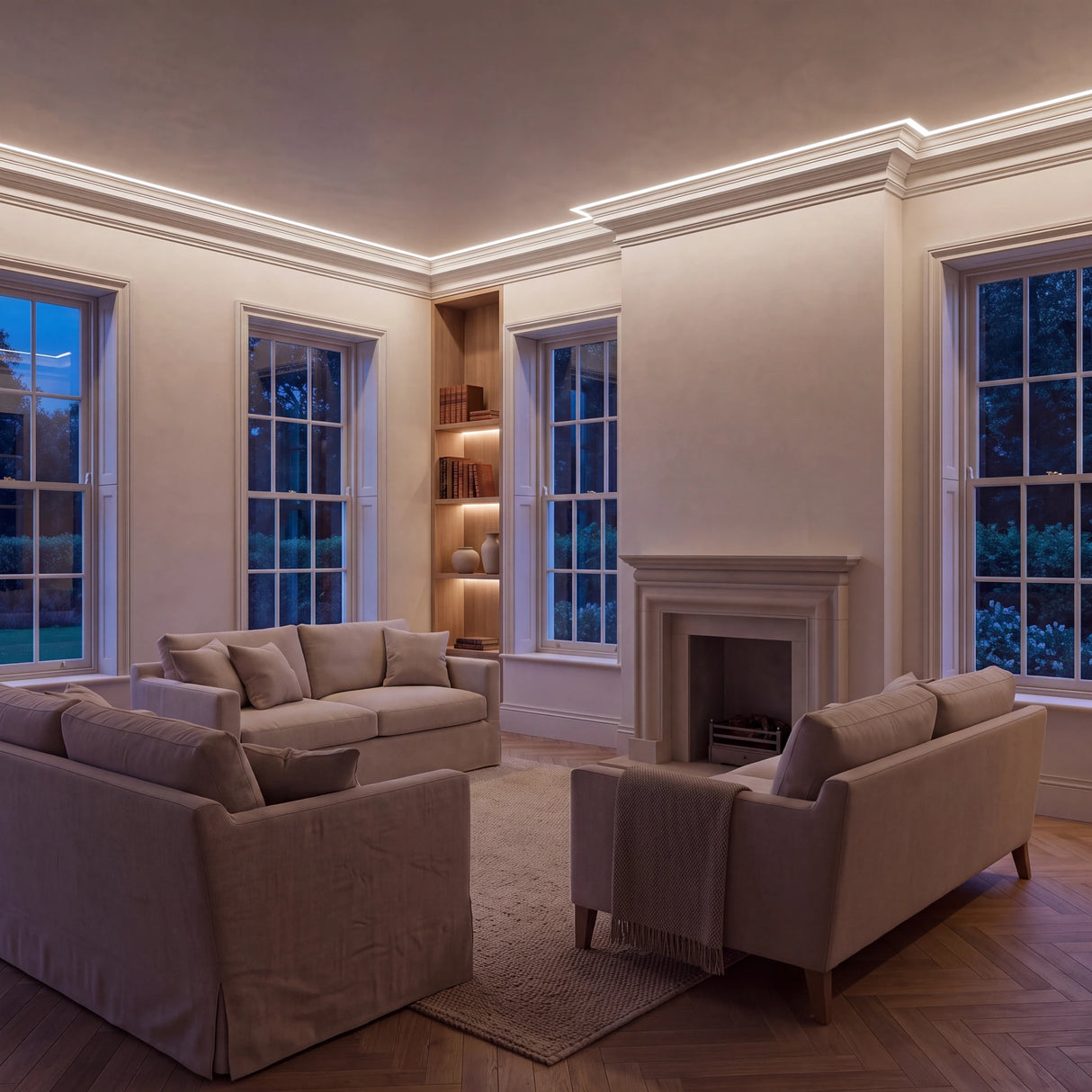 Natural White 4000K COB LED strip ceiling coving lighting in a large British living room in the evening; installation illustration.