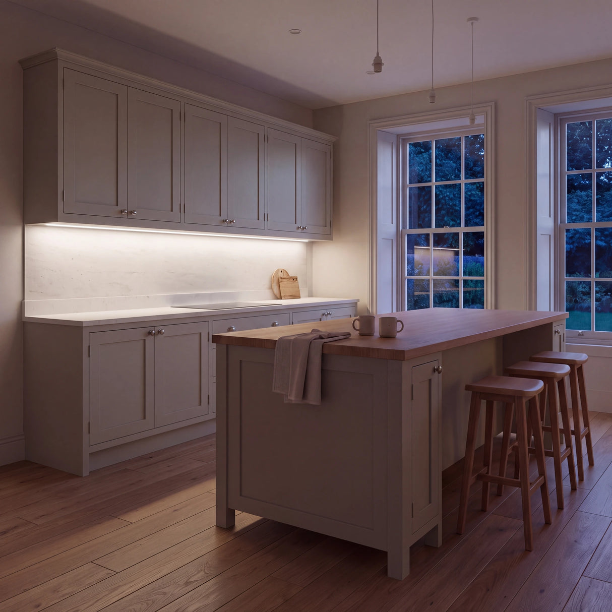 Natural White 4000K COB LED strip lighting beneath wall cabinets in a large British kitchen in the evening; installation illustration.