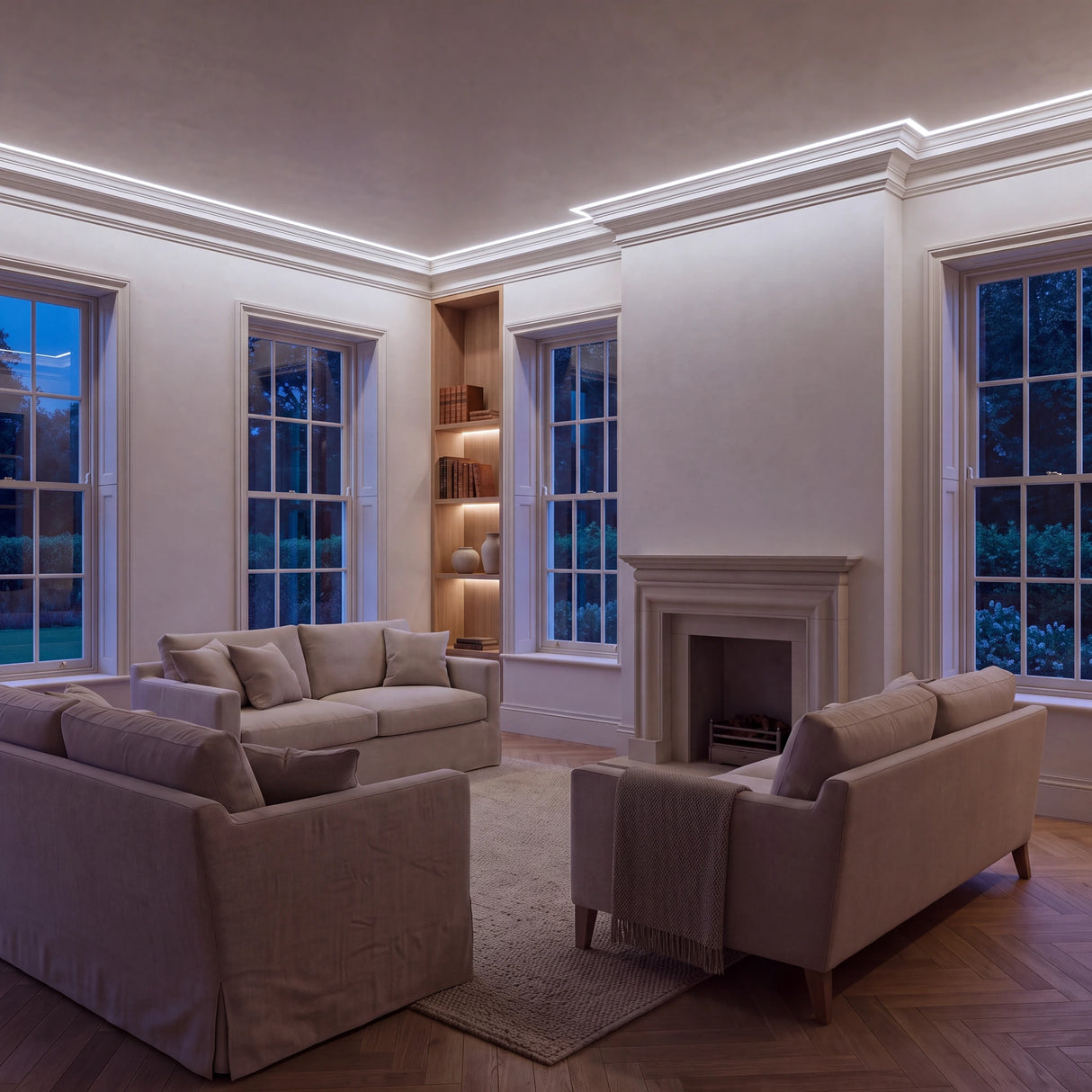 Cool White 6500K COB LED strip ceiling coving lighting in a large British living room in the evening; installation illustration.