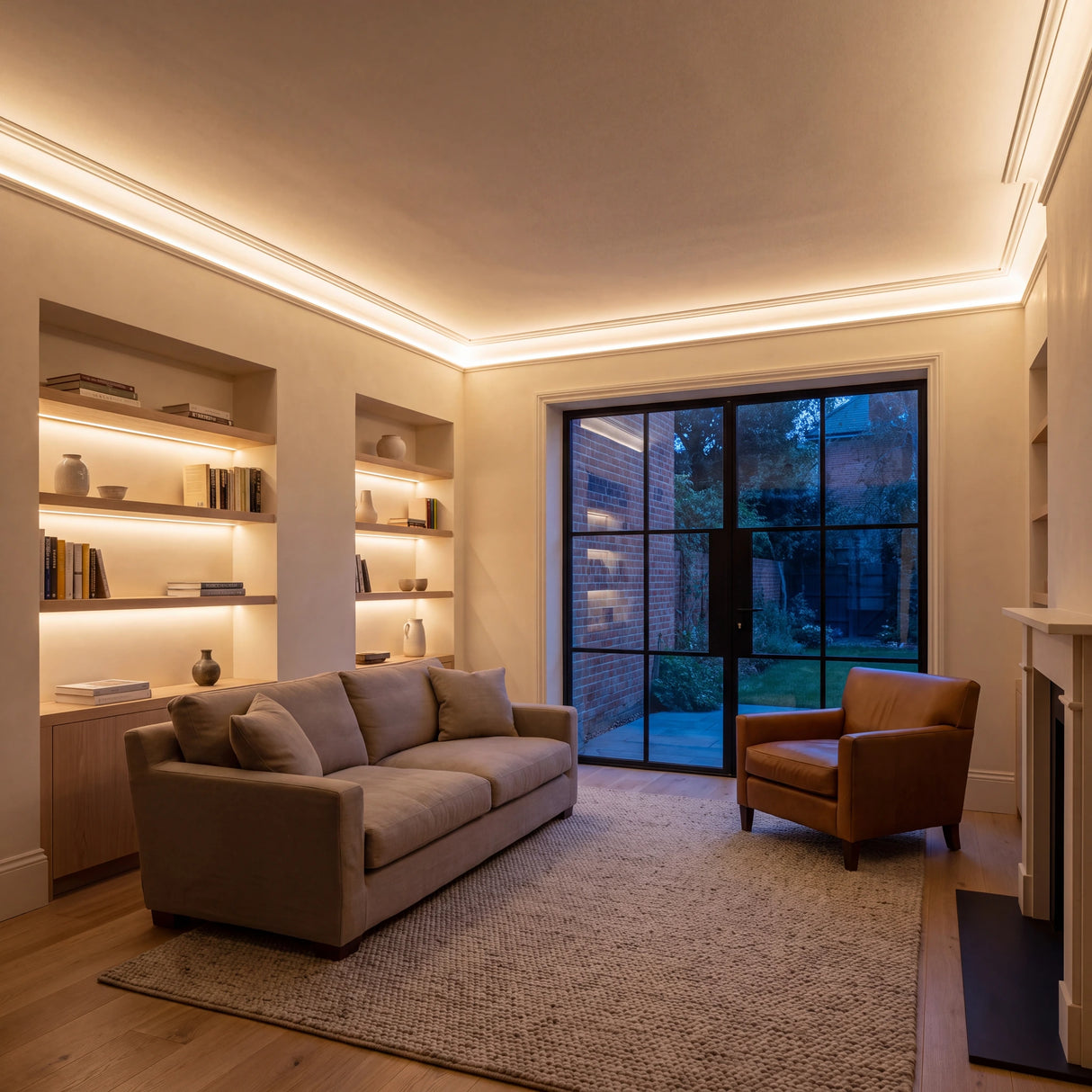 Warm White 2700K Free Cut COB LED strip ceiling coving lighting in a large British living room in the evening; installation illustration.