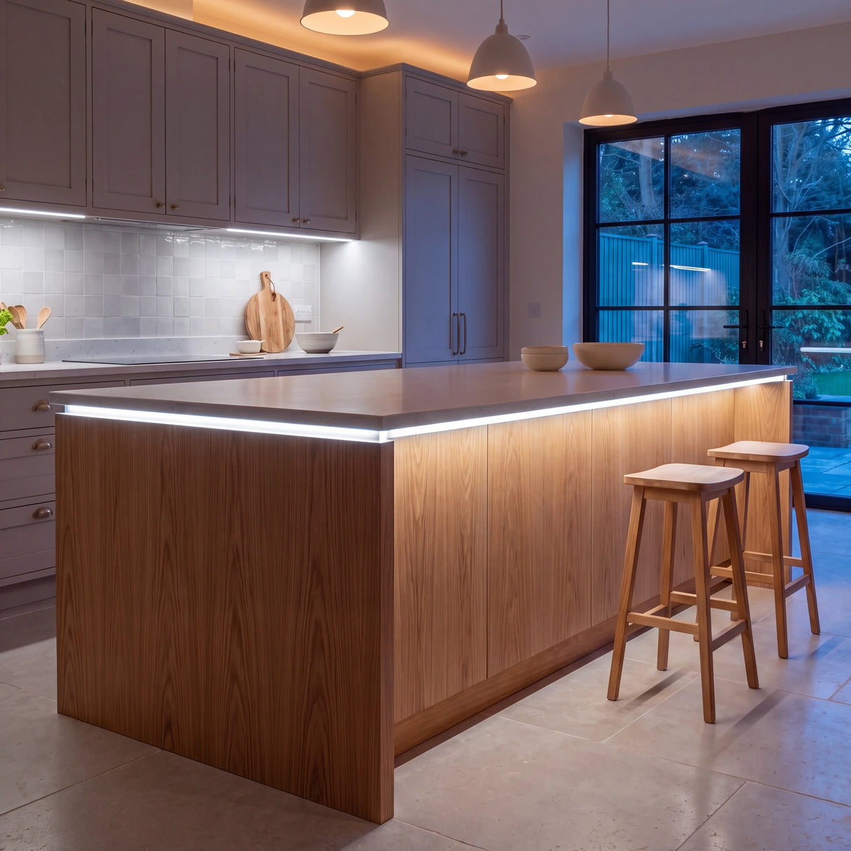 Daylight 5000K Free Cut COB LED strip kitchen island lighting in a large British kitchen in the evening; installation illustration.