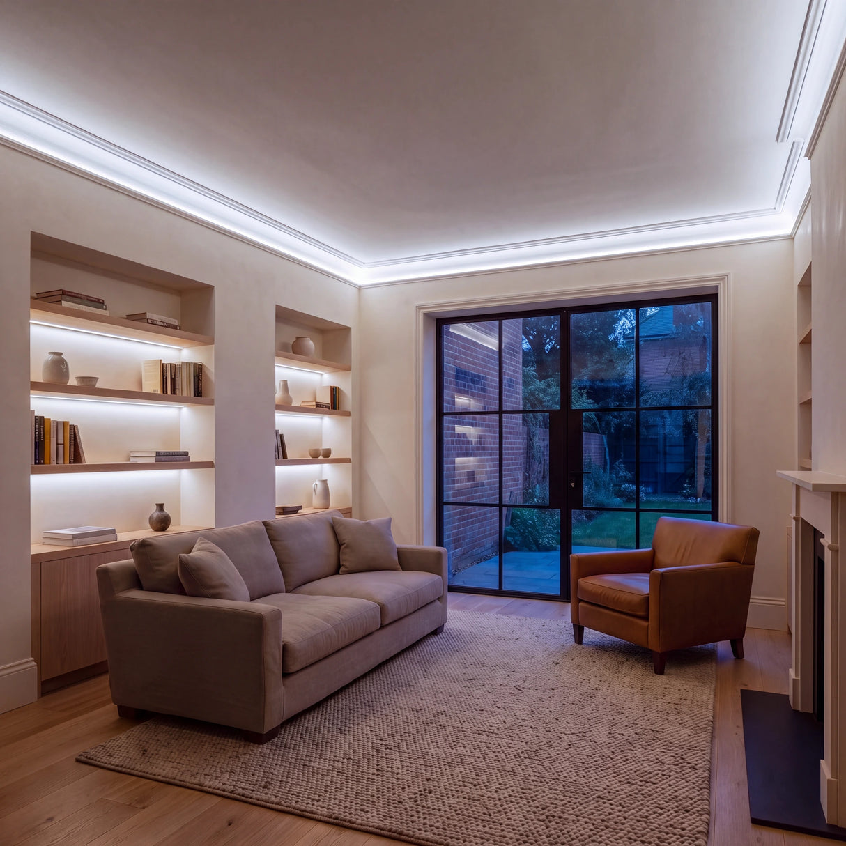 Cool White 6500K Free Cut COB LED strip ceiling coving lighting in a large British living room in the evening; installation illustration.