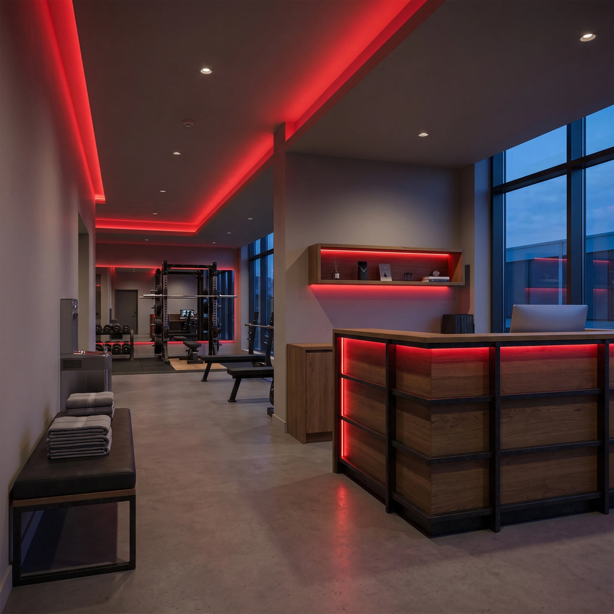 Red 24V 10mm SCOB LED strip installed beneath a gym reception desk and in ceiling coving; installation visual.