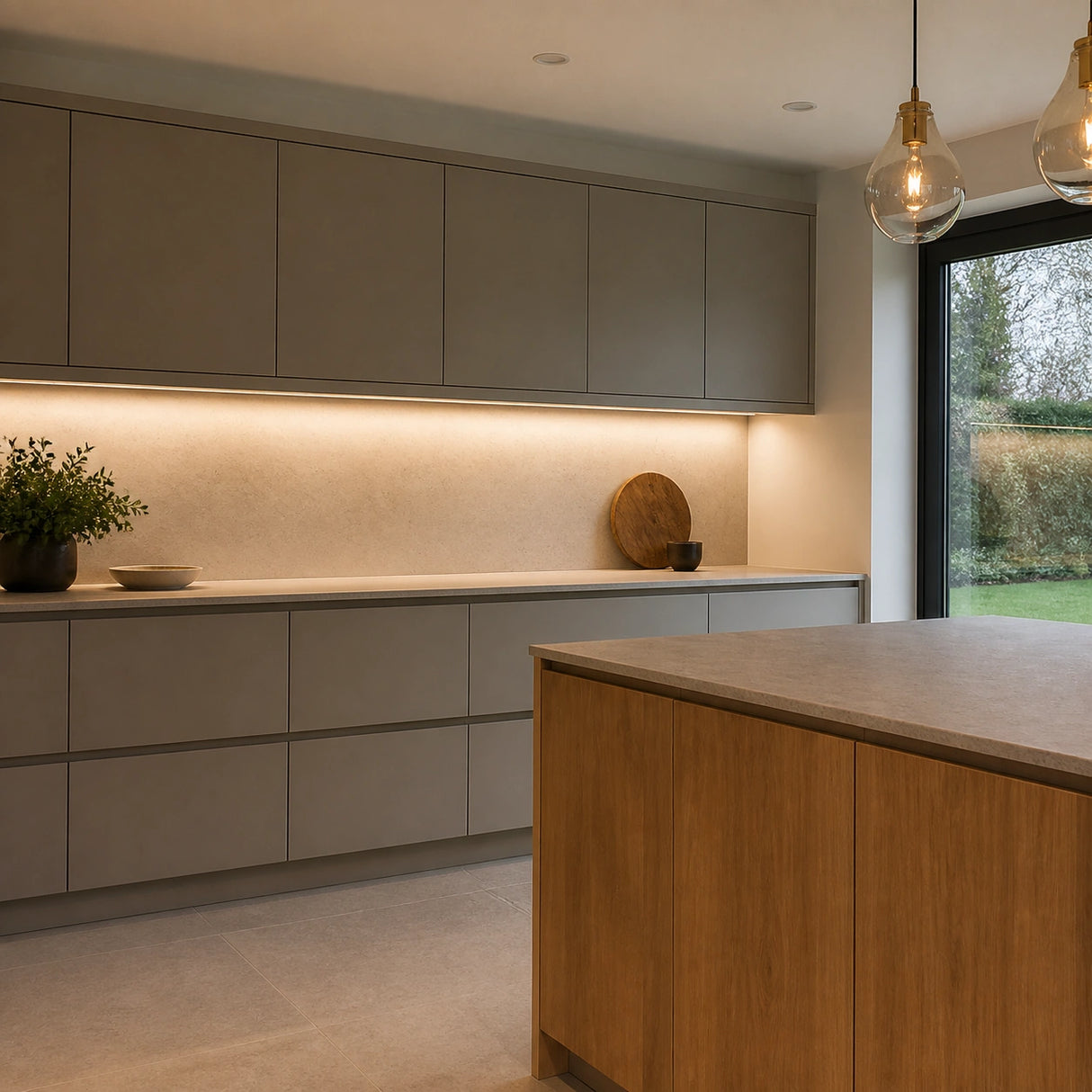 Illustrative modern kitchen with 3000K warm-white SCOB LED strip illuminating a dry counter beneath wall cabinets