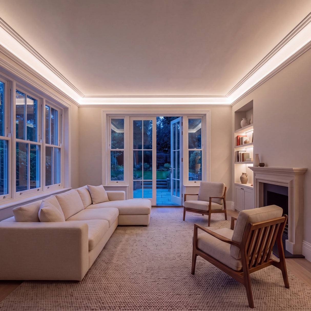 Natural White 4000K SCOB LED strip ceiling coving lighting in a large British living room in the evening; installation illustration.