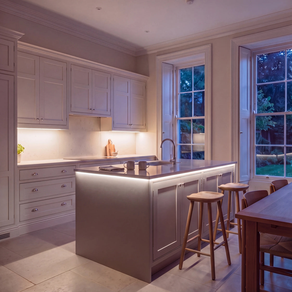 Natural White 4000K SCOB LED strip kitchen island lighting in a large British kitchen in the evening; installation illustration.