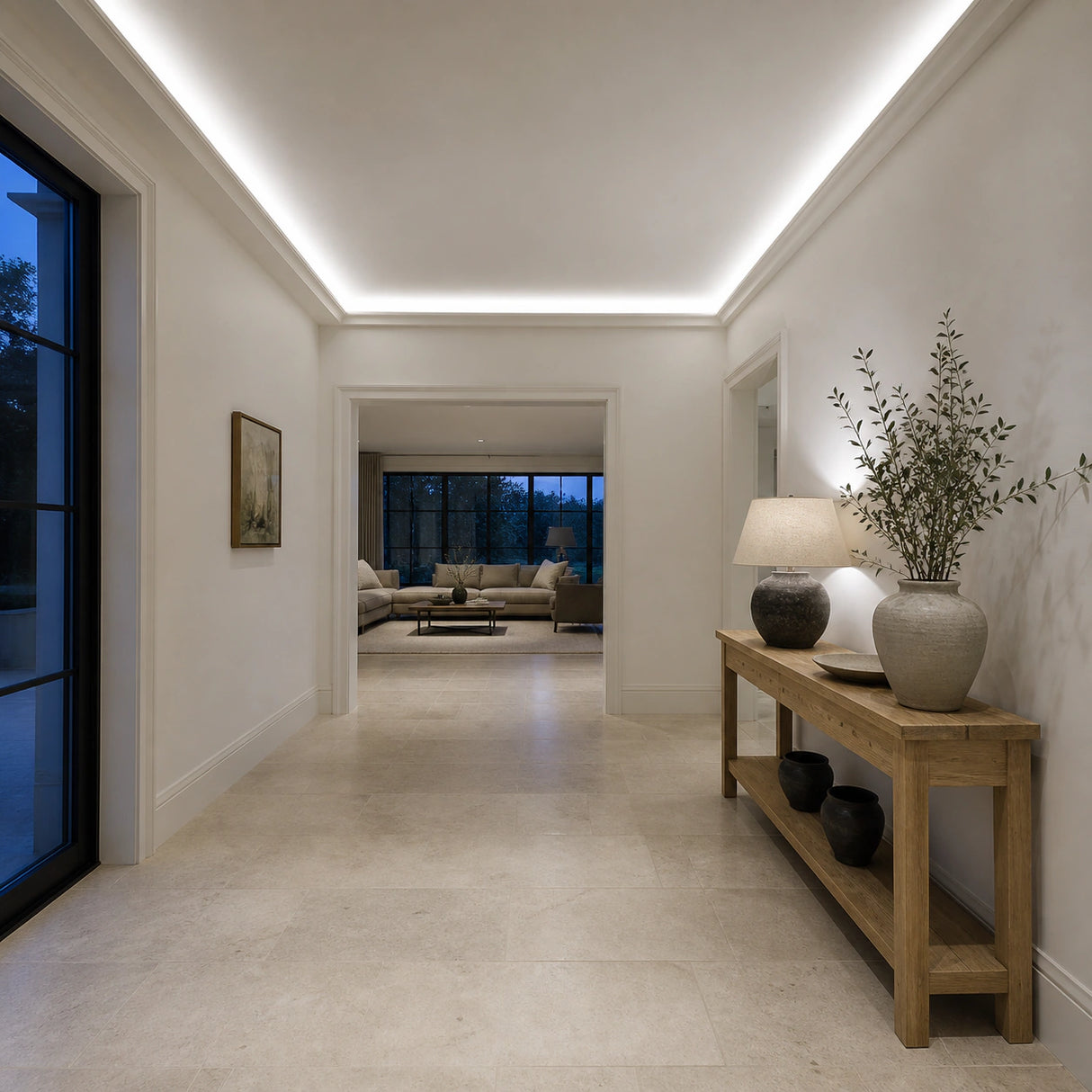 Illustrative large-house entrance hall with crisp daylight-white 5000K SCOB LED lighting concealed in ceiling coving.
