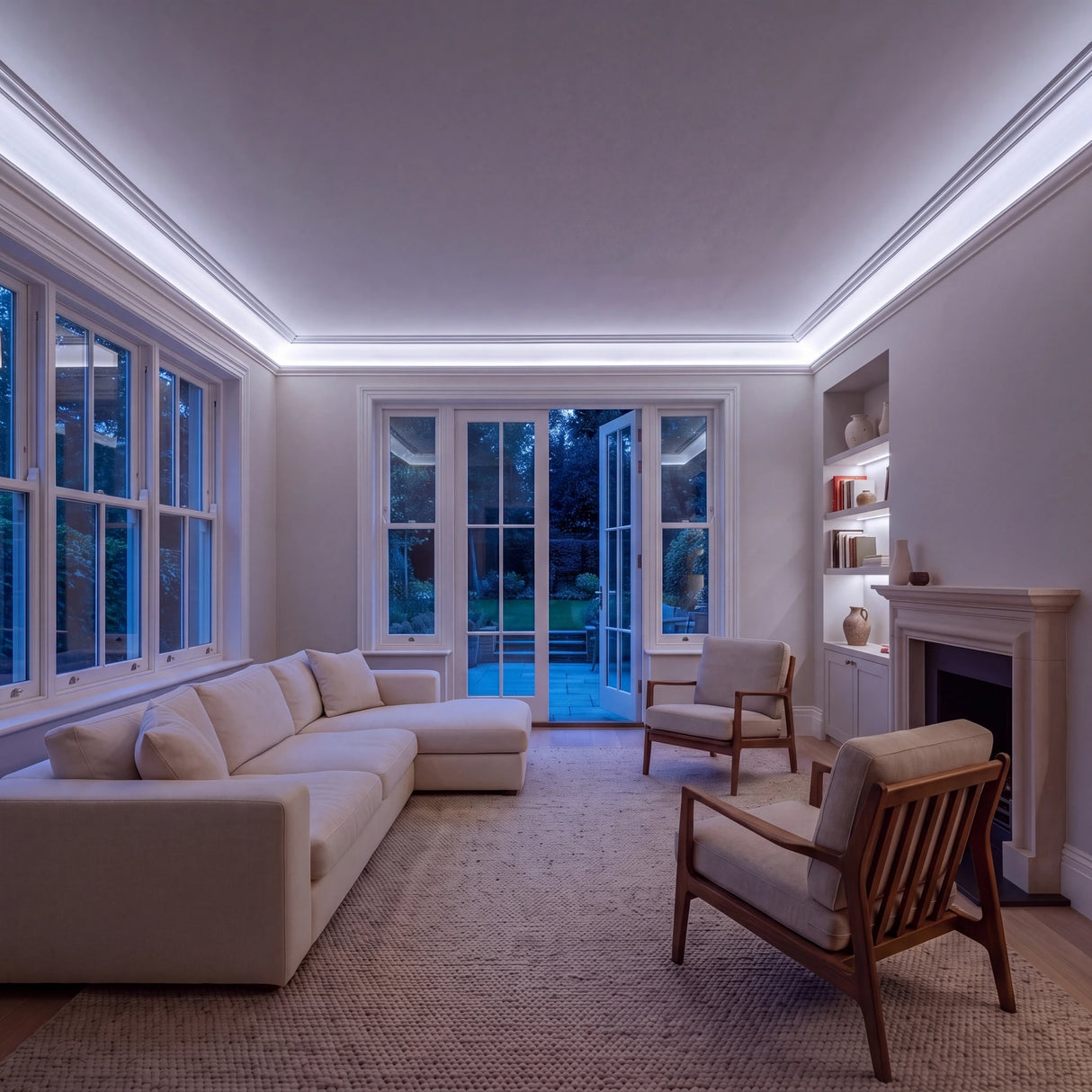 Cool White 6500K SCOB LED strip ceiling coving lighting in a large British living room in the evening; installation illustration.