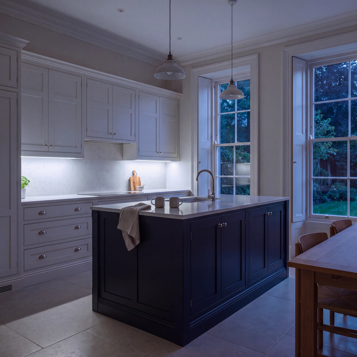Cool White 6500K SCOB LED strip lighting beneath wall cabinets in a large British kitchen in the evening; installation illustration.