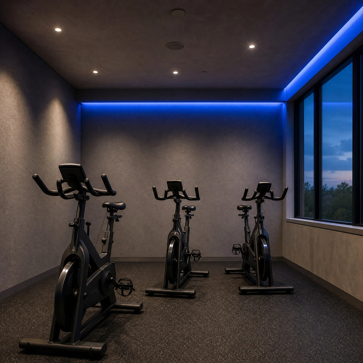 Illustrative indoor cycling gym with blue SCOB LED ceiling and wall-recess lighting above stationary exercise bikes