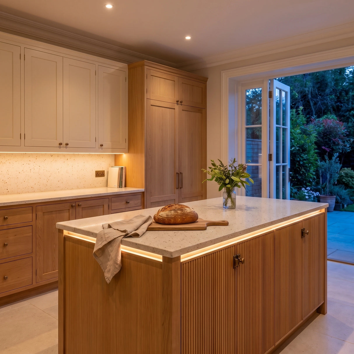 Warm White 2700K 24V 10mm free cut COB LED strip installed beneath cabinets and around a British kitchen island; installation visual.