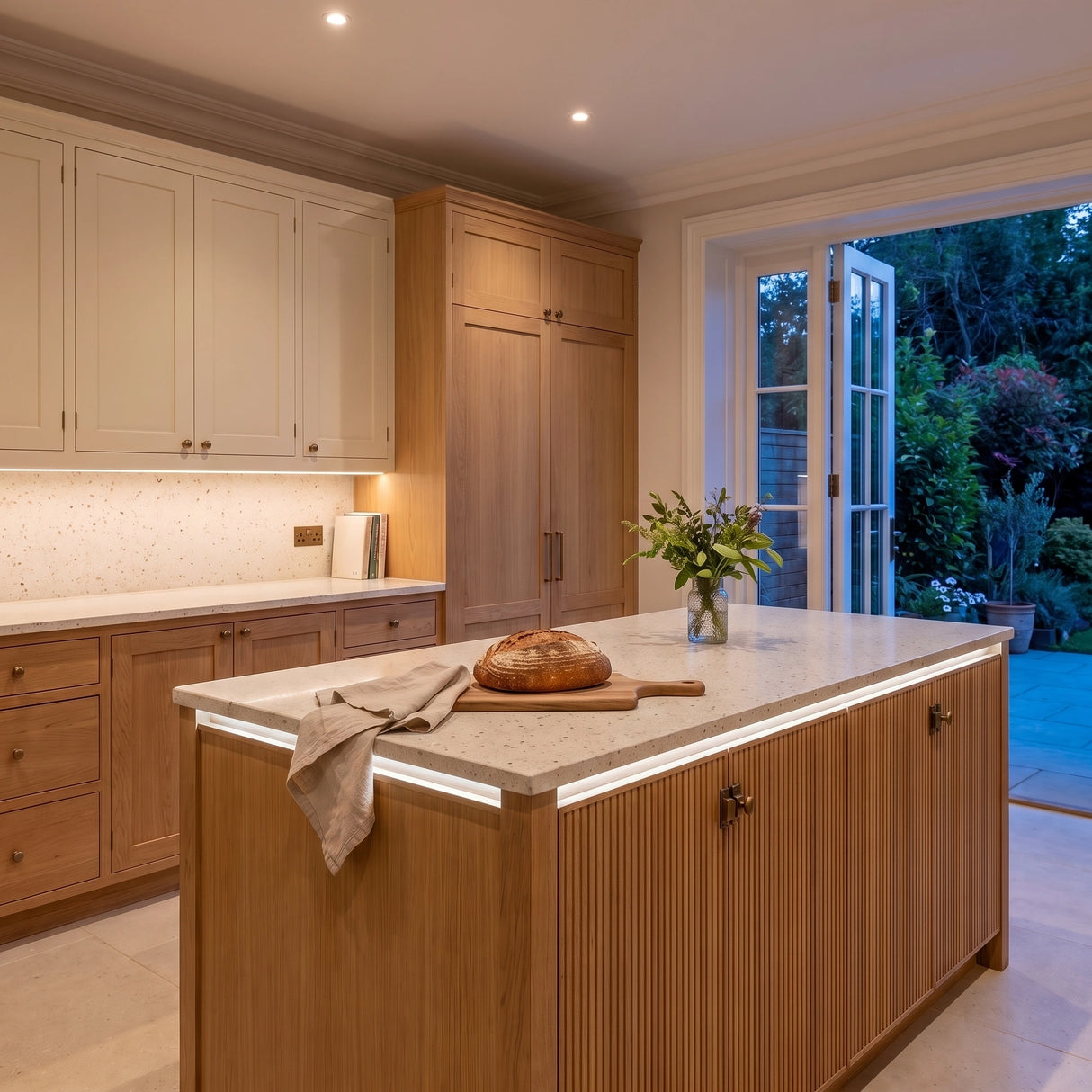 Natural White 4000K 24V 10mm free cut COB LED strip installed beneath cabinets and around a British kitchen island; installation visual.