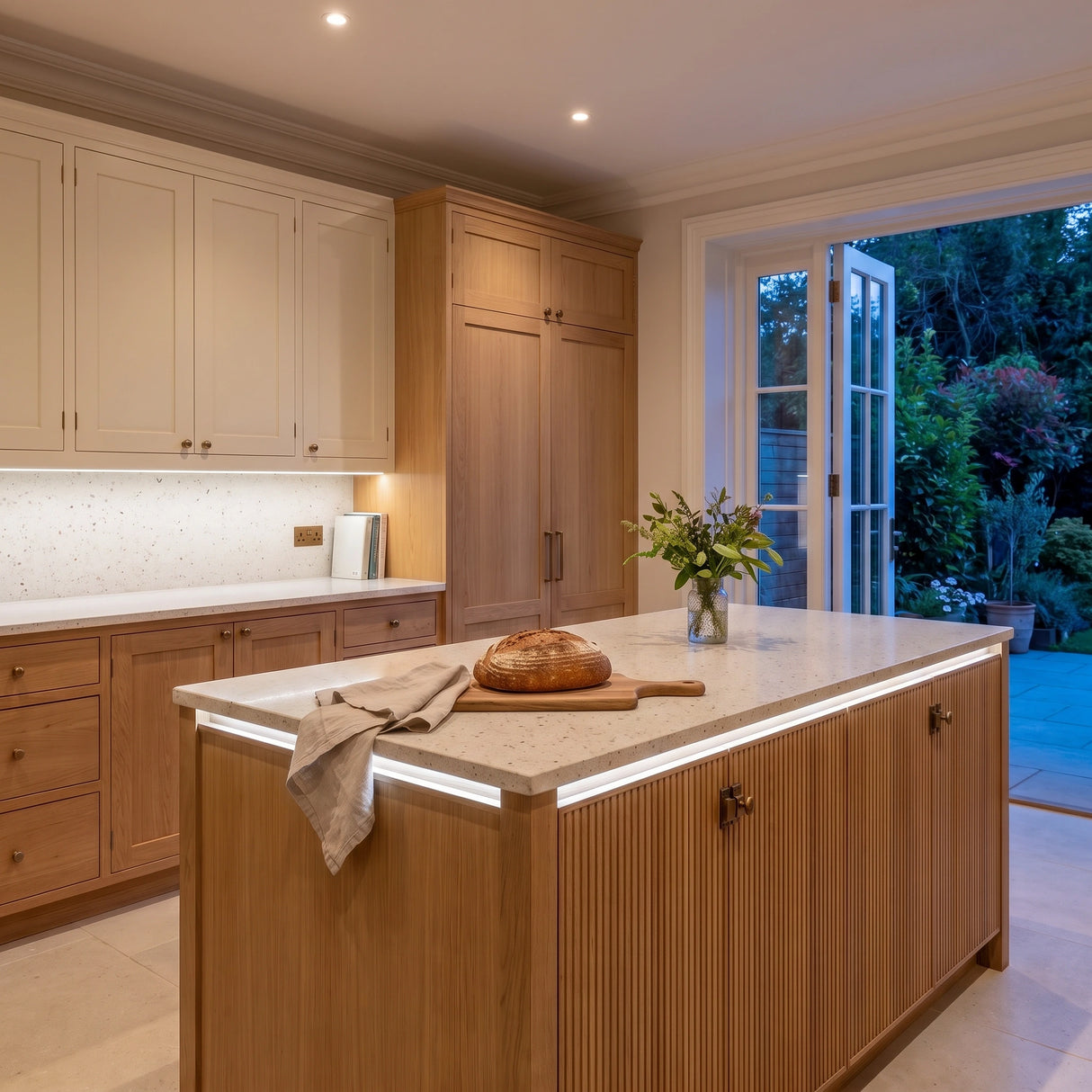 Daylight 5000K 24V 10mm free cut COB LED strip installed beneath cabinets and around a British kitchen island; installation visual.