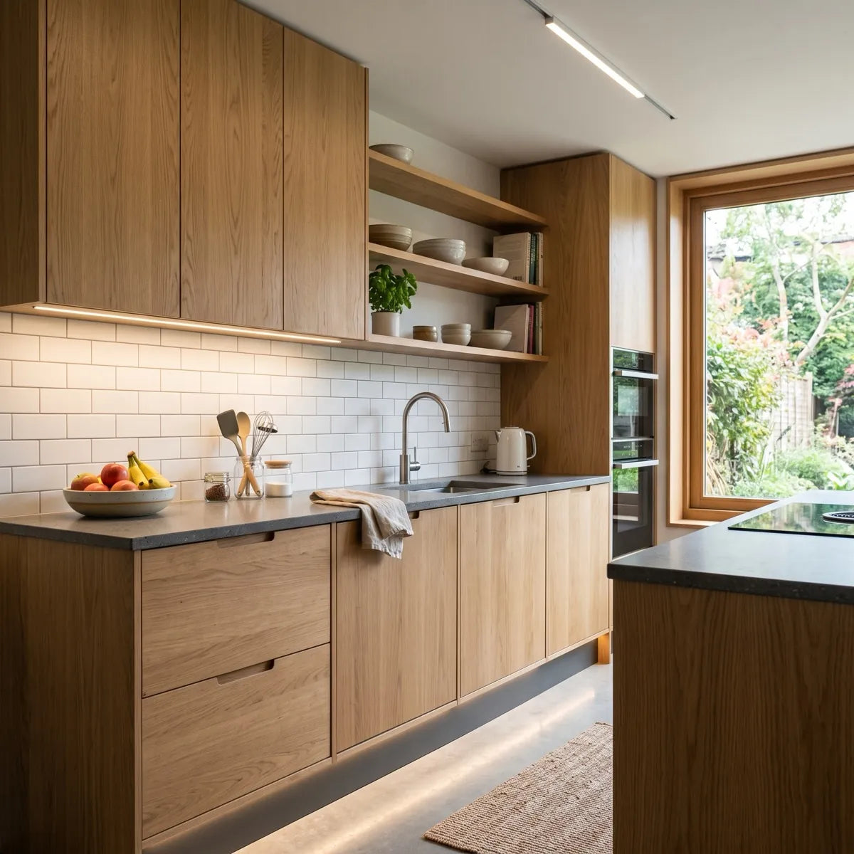 Warm white LED strip lights installed beneath kitchen cabinets