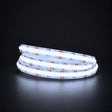 Cool white 6500K COB LED strip illuminated in a coil on a dark background
