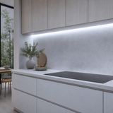 Cool white 6500K COB LED strip providing crisp under-cabinet task lighting