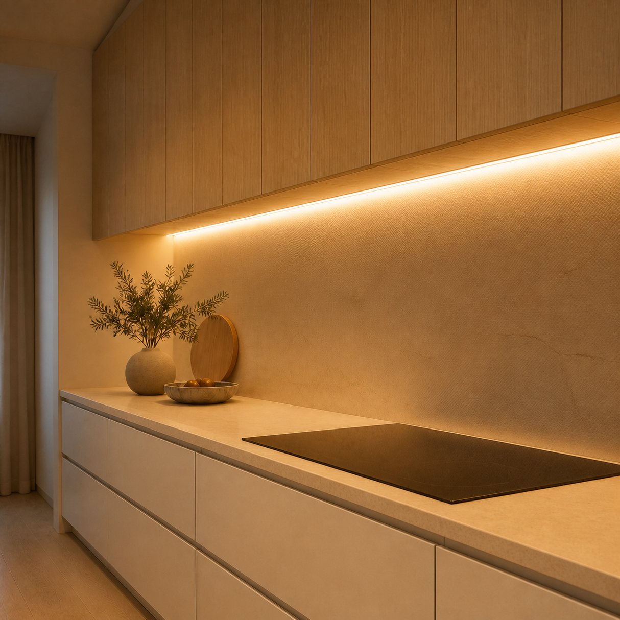 Warm white 2700K COB LED strip providing soft under-cabinet kitchen lighting