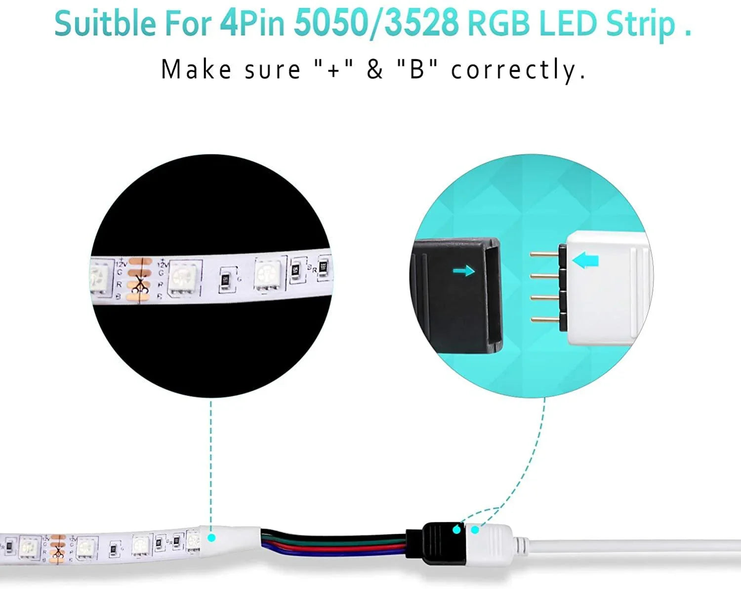 1 Metre DC 12V/24V RGB LED Strip 4 Pin Soldless Connector Cables 5050 ...