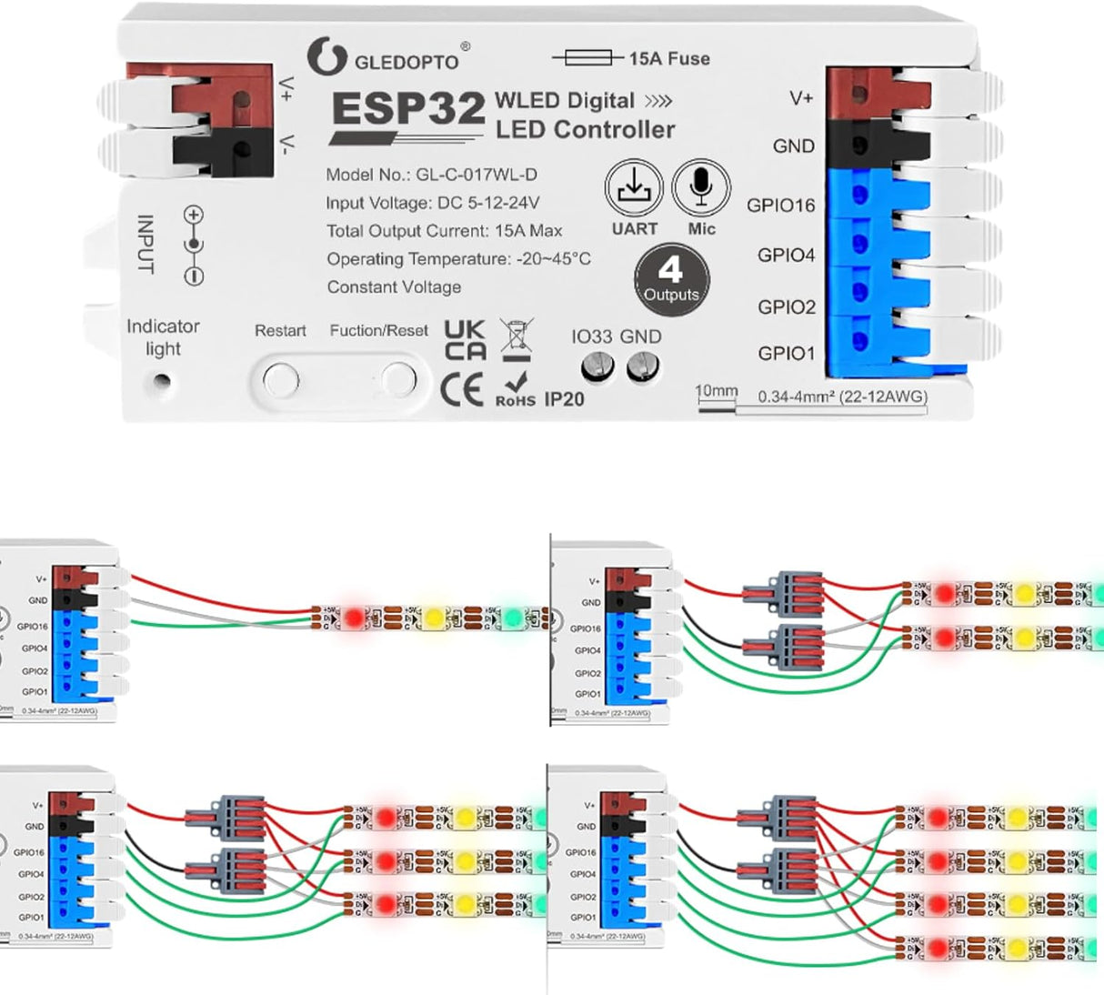GLEDOPTO ESP32 WLED Digital LED Controller with 4 Channel With Mic/UART WIFI GL-C-017WL-D