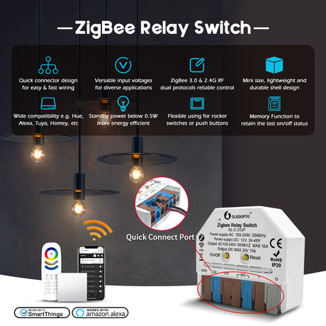 GLEDOPTO Zigbee Relay Switch AC Switch Dimmer Control Box 12V-48VDC or AC 230V GL-C-310P