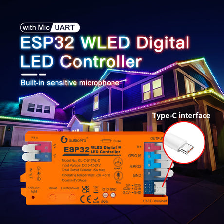 GLEDOPTO ESP32 WLED Digital Pixel LED Controller With Mic/UART WIFI GL-C-016WL-D