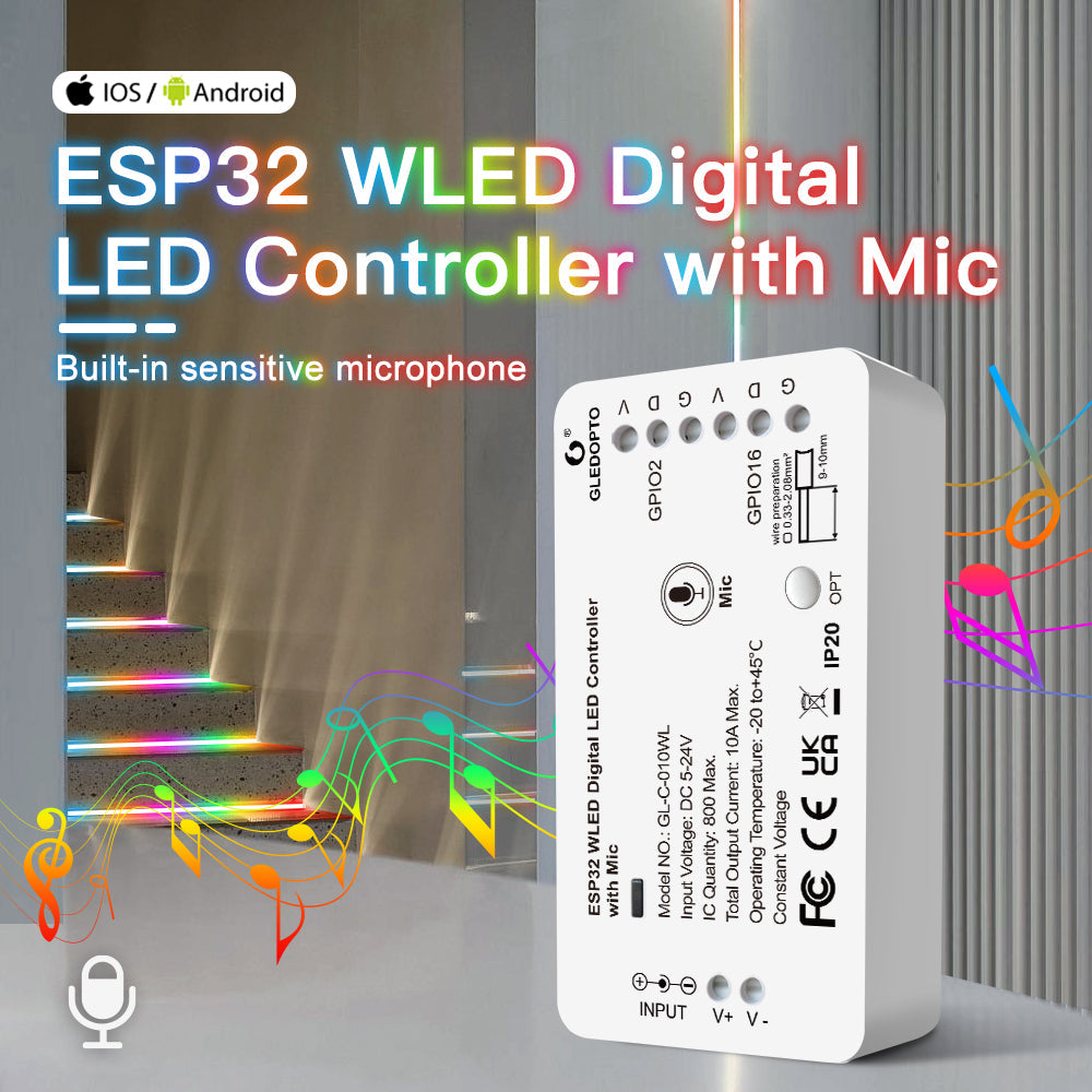 GLEDOPTO ESP32 WLED Digital Pixel LED Controller With Mic Music App Control GL-C-010WL