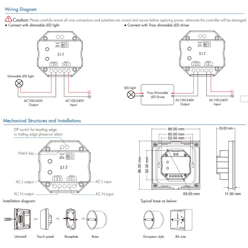 AC Triac Glass Touch Panel Dimmer S1-T