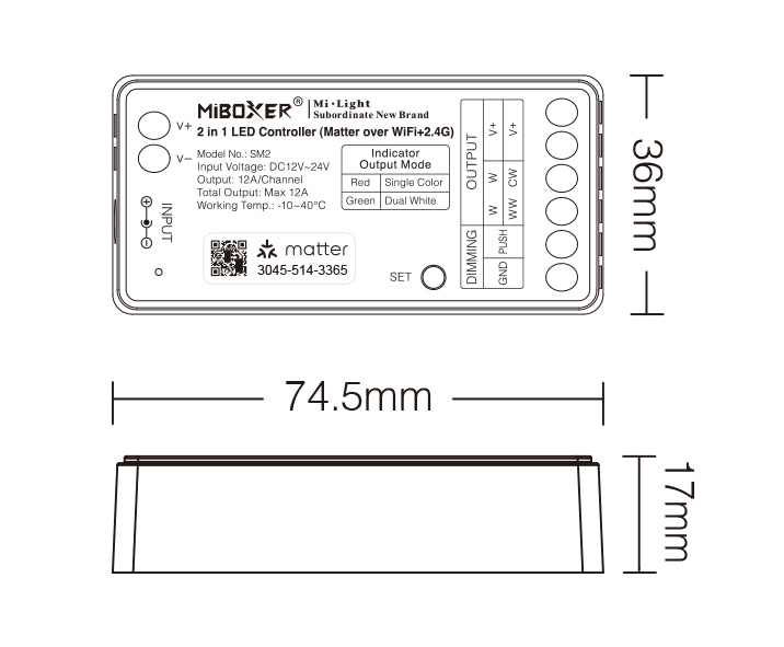 MiBoxer SM2 dimensions - 74.5 x 36 x 17mm