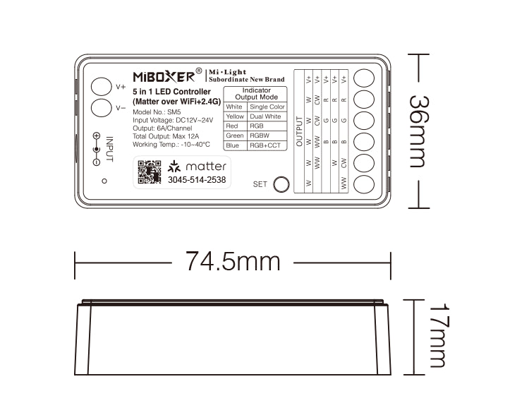 MiBoxer SM5 dimensions - 74.5 x 36 x 17mm