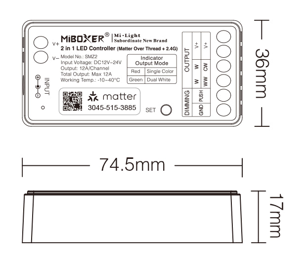 MiBoxer SMZ2 dimensions - 74.5 x 36 x 17mm