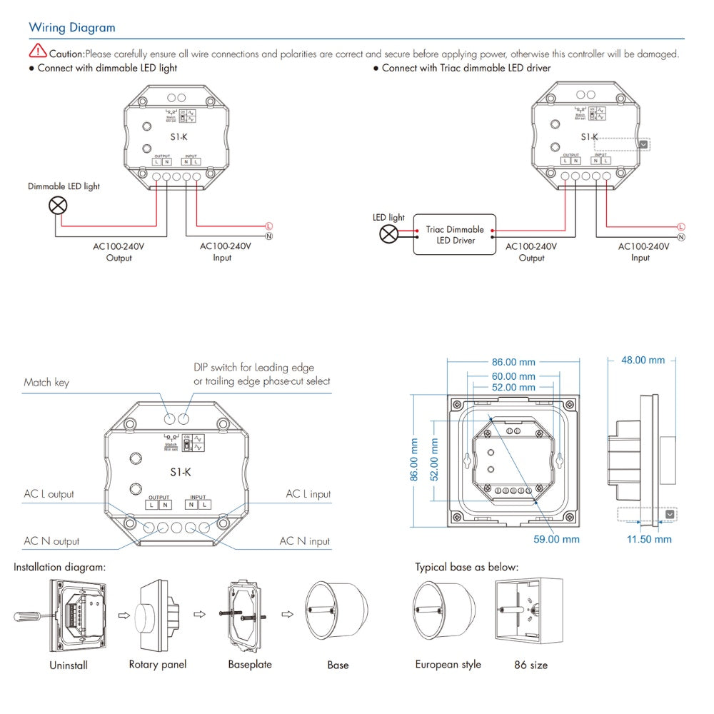 AC Triac Glass Rotary Panel Dimmer S1-K