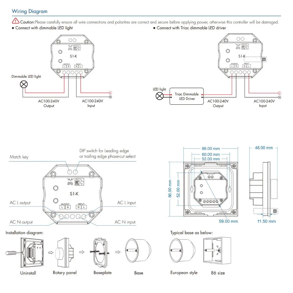 Skydance AC Triac Glass Rotary Panel Dimmer S1-K (WHITE)