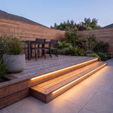 Warm White 3000K 15x15mm Top Bend LED neon flex - outdoor timber decking installation illustration.