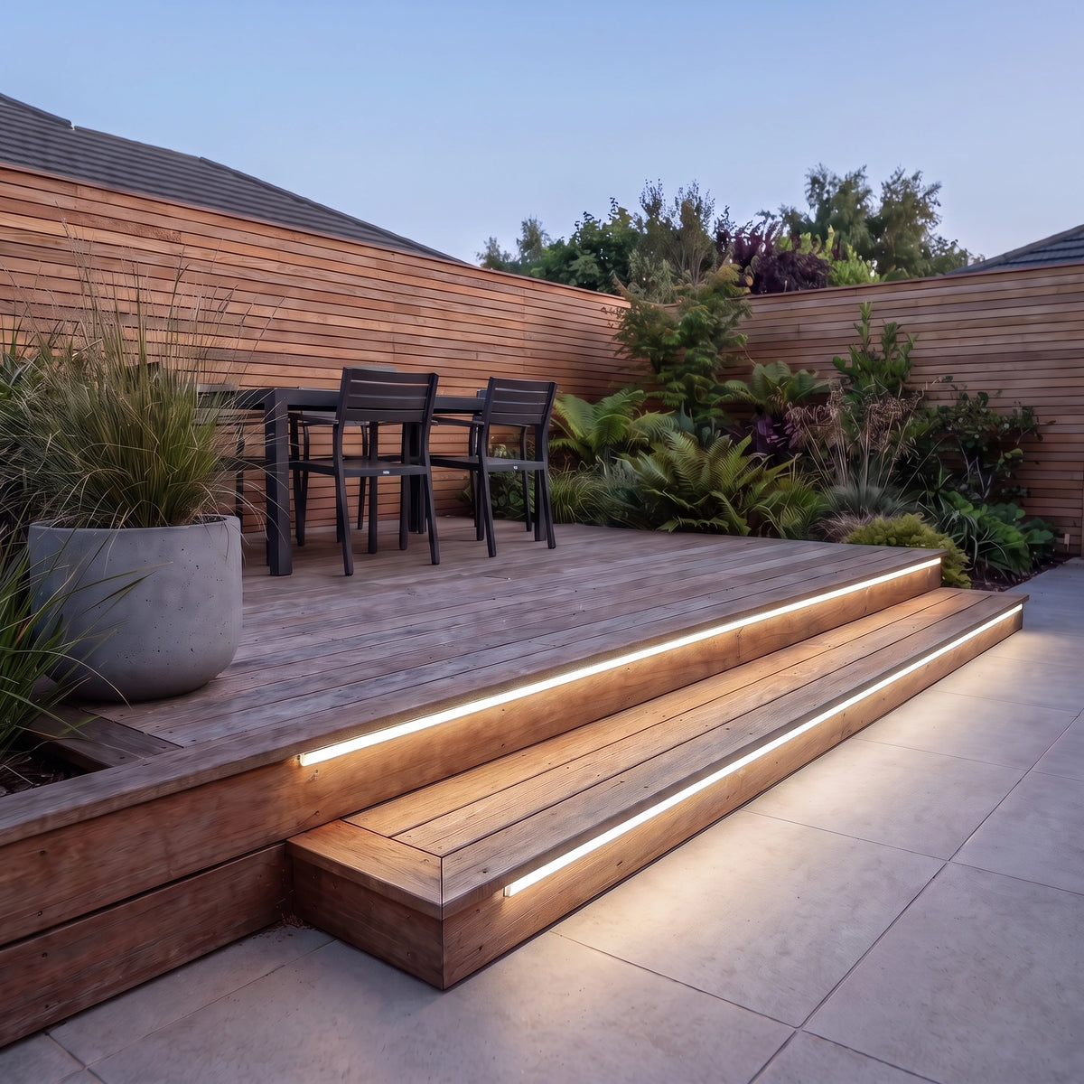 Neutral White 4000K 15x15mm Top Bend LED neon flex - outdoor timber decking installation illustration.