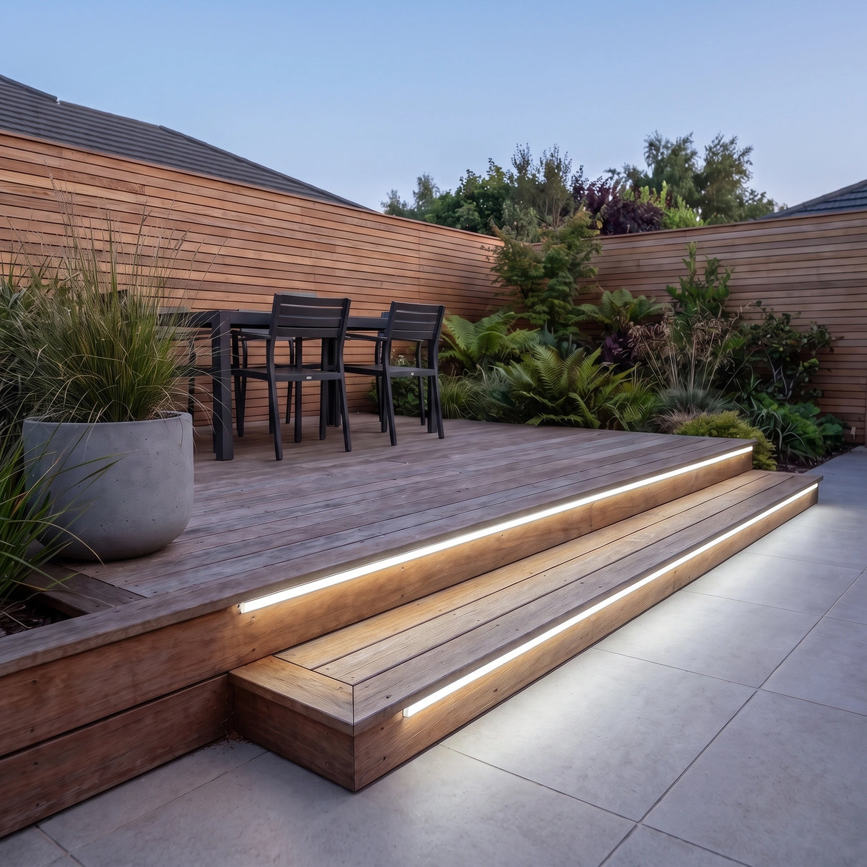 Cool White 6000K 15x15mm Top Bend LED neon flex - outdoor timber decking installation illustration.