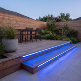 Blue 15x15mm Top Bend LED neon flex - outdoor timber decking installation illustration.