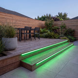 Green 15x15mm Top Bend LED neon flex - outdoor timber decking installation illustration.
