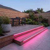 Pink 15x15mm Top Bend LED neon flex - outdoor timber decking installation illustration.