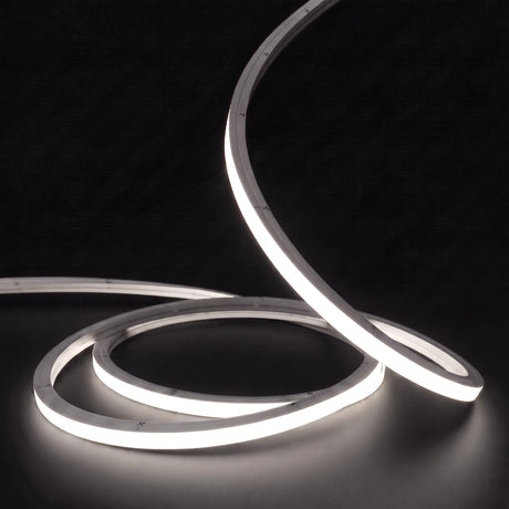 Neutral White 4000K LED Neon Flex 15x15mm Top Bend, low concentric coils with raised arc and colour glow on a black surface