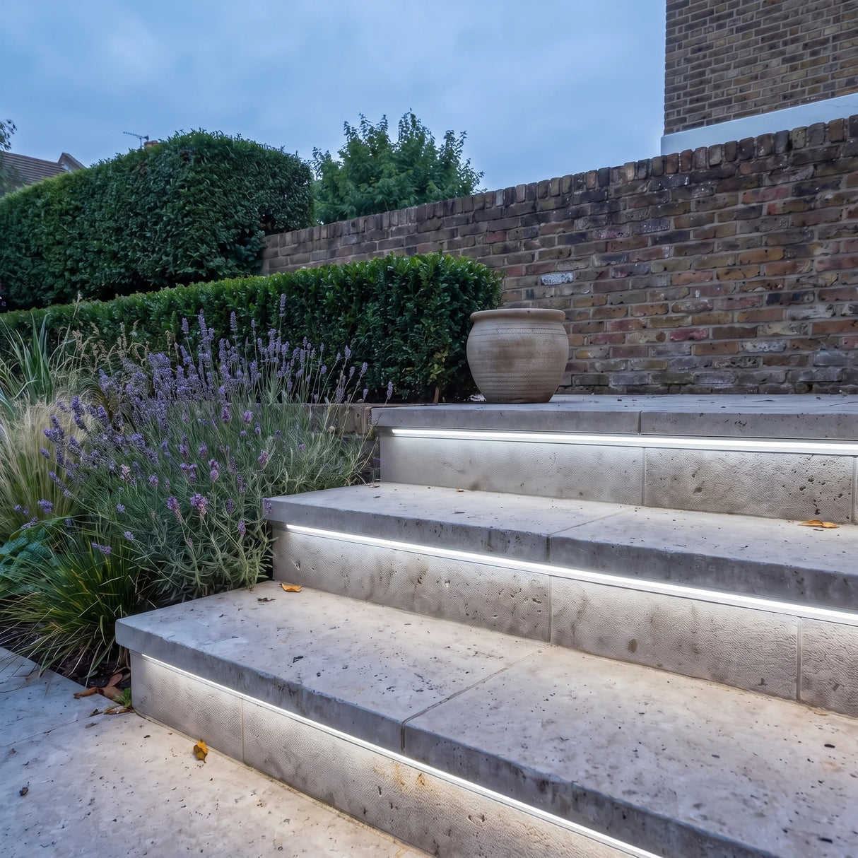 Cool White 6000K 15x15mm Top Bend LED neon flex - outdoor garden-step installation illustration.