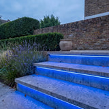 Blue 15x15mm Top Bend LED neon flex - outdoor garden-step installation illustration.