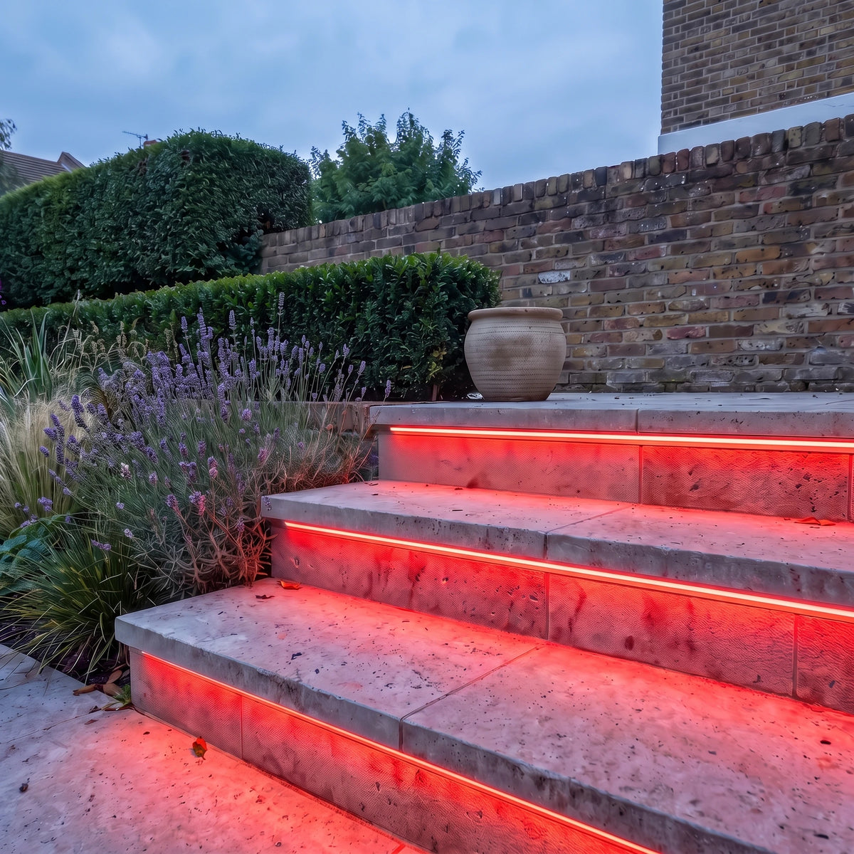 Red 15x15mm Top Bend LED neon flex - outdoor garden-step installation illustration.