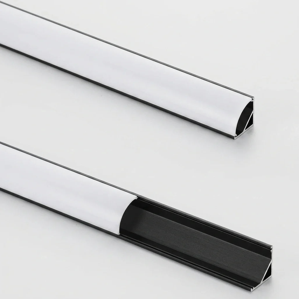 Black 2 metre aluminium LED corner profile with milky diffuser